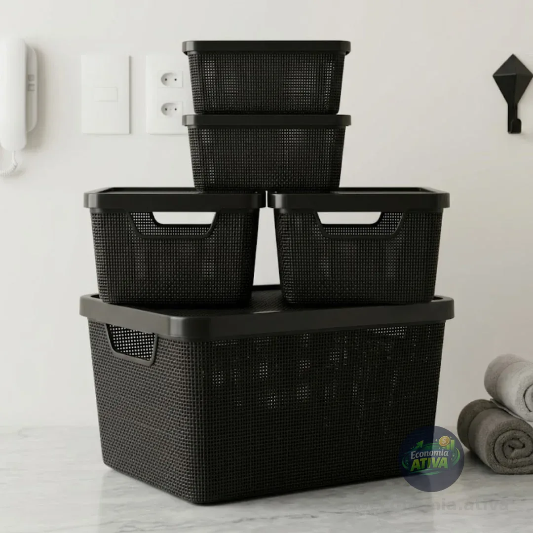 Kit 5 Caixas Organizadoras Cesto Tampa Multiuso 2l 6l 16l Casa Cozinha Banheiro Preto