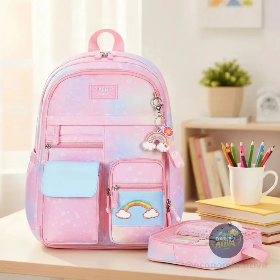 Mochila Escolar Feminina Infantil Reforçada Arco-íris+ Mimo
