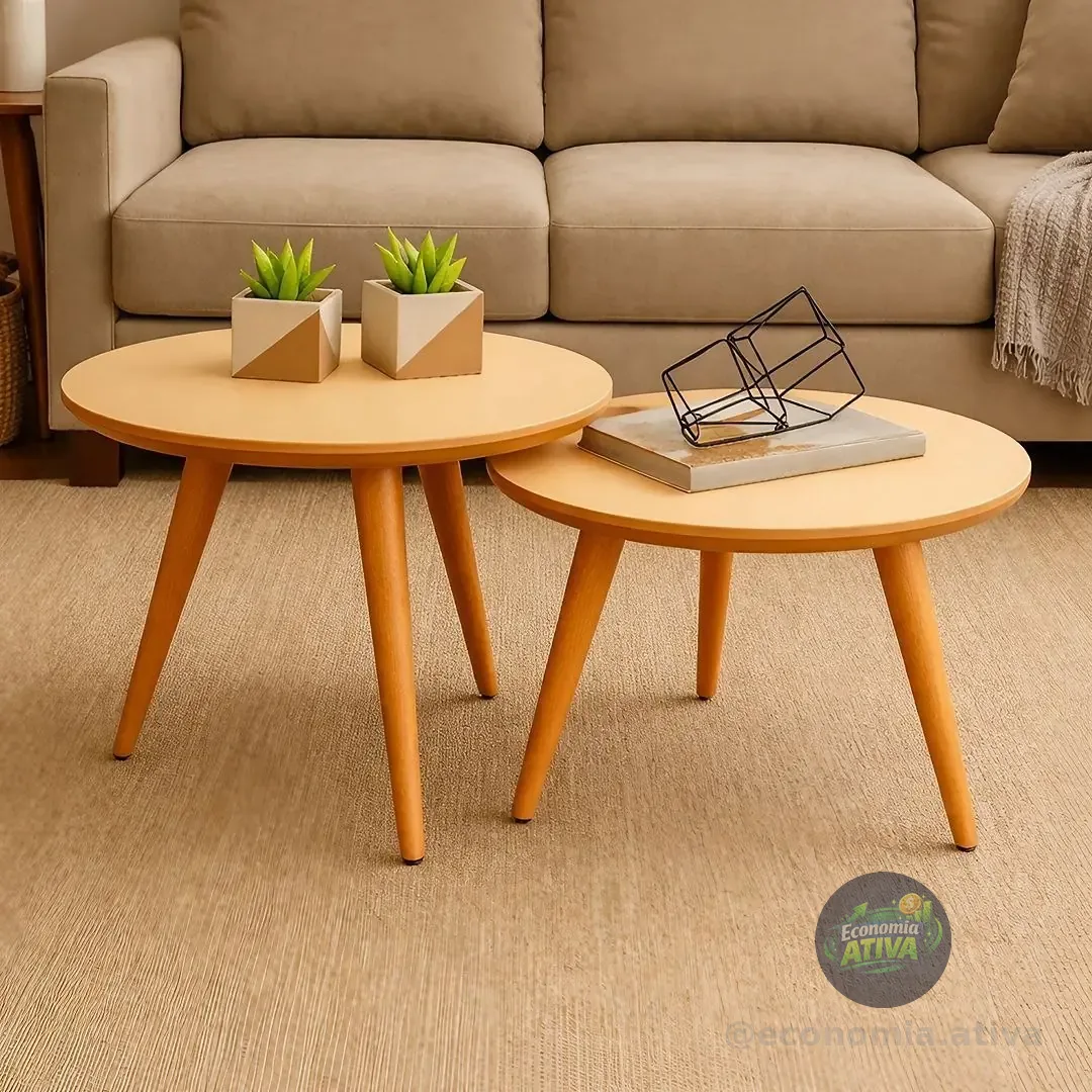 Conjunto Mesa De Centro Para Sala Lateral Redonda Pés Palito