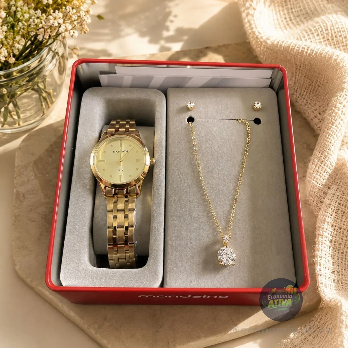 Kit Relógio Mondaine 32611lpmkde1k1 Dourado + Colar E Brincos