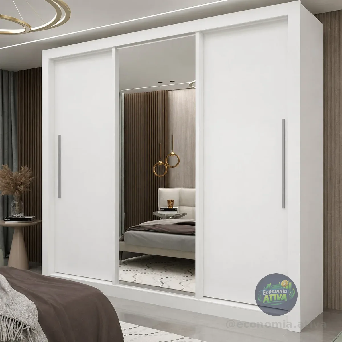 Guarda-roupa Casal Branco 3 Portas Corrediça Espelhada Milão Mdf Yescasa