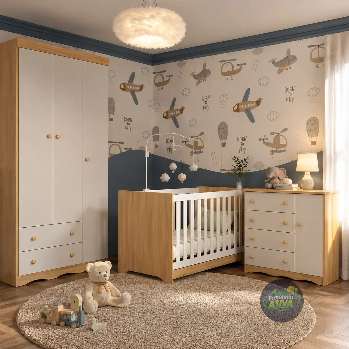 Quarto de Bebê Completo com Berço Americano 3 em 1 Realeza Multimóveis Mp4591 Branco/off White