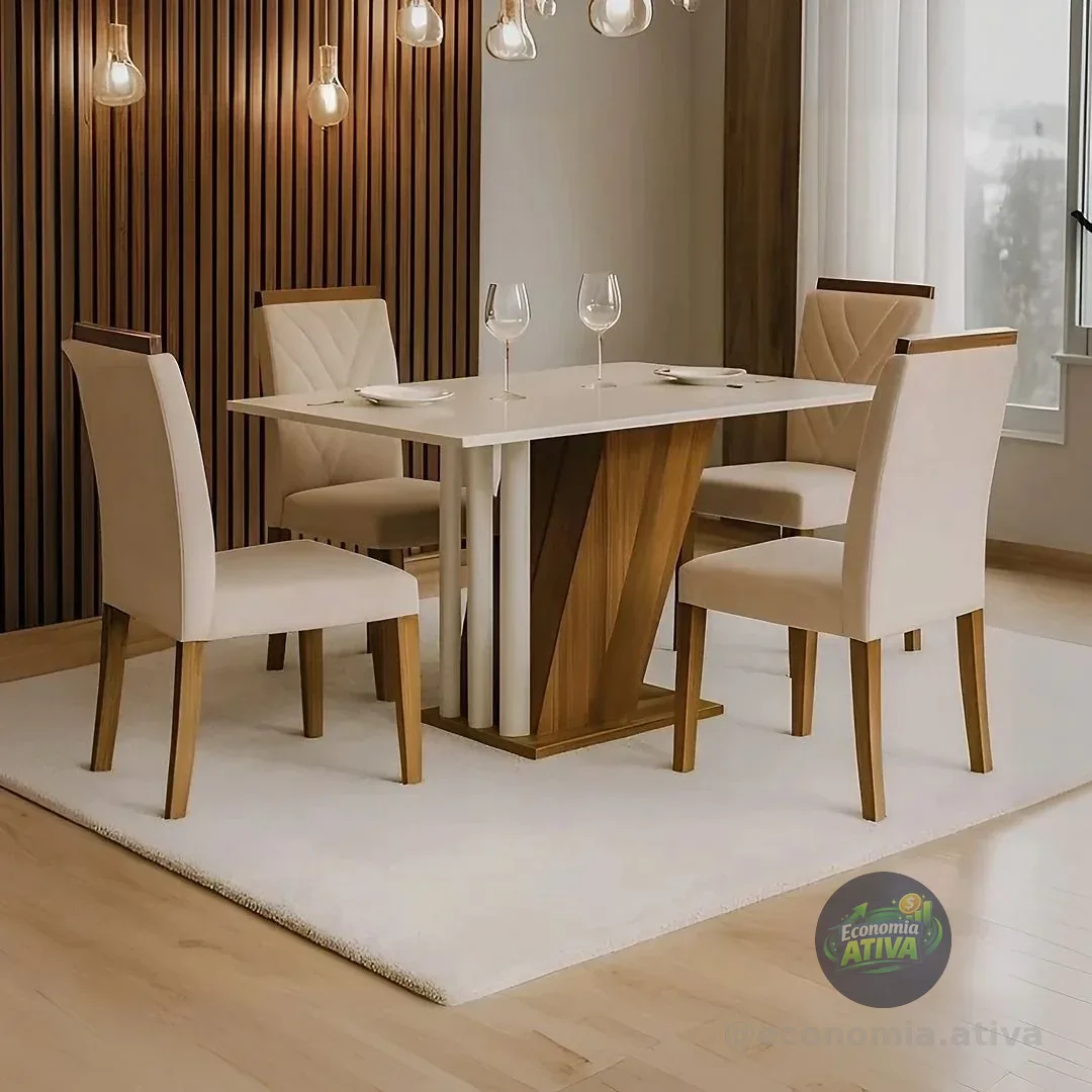 Conjunto Sala De Jantar Com 4 Cadeiras Miami Freijo/offwhite/palha Veludo