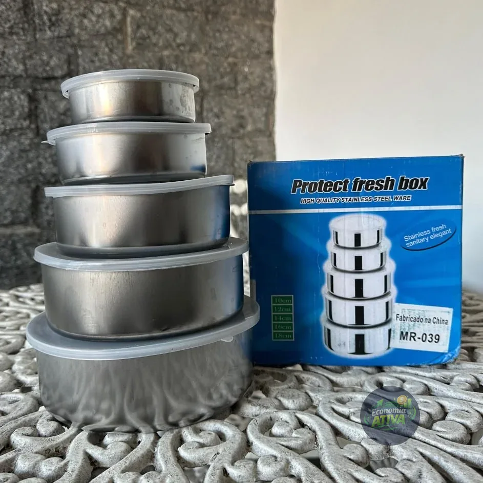 Conjunto 5 Potes Inox Redondos Com Tampas Herméticas Prateado