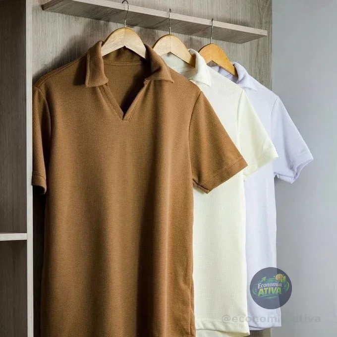 Camisa Camiseta Polo Masculina Texturizada Sem Botão