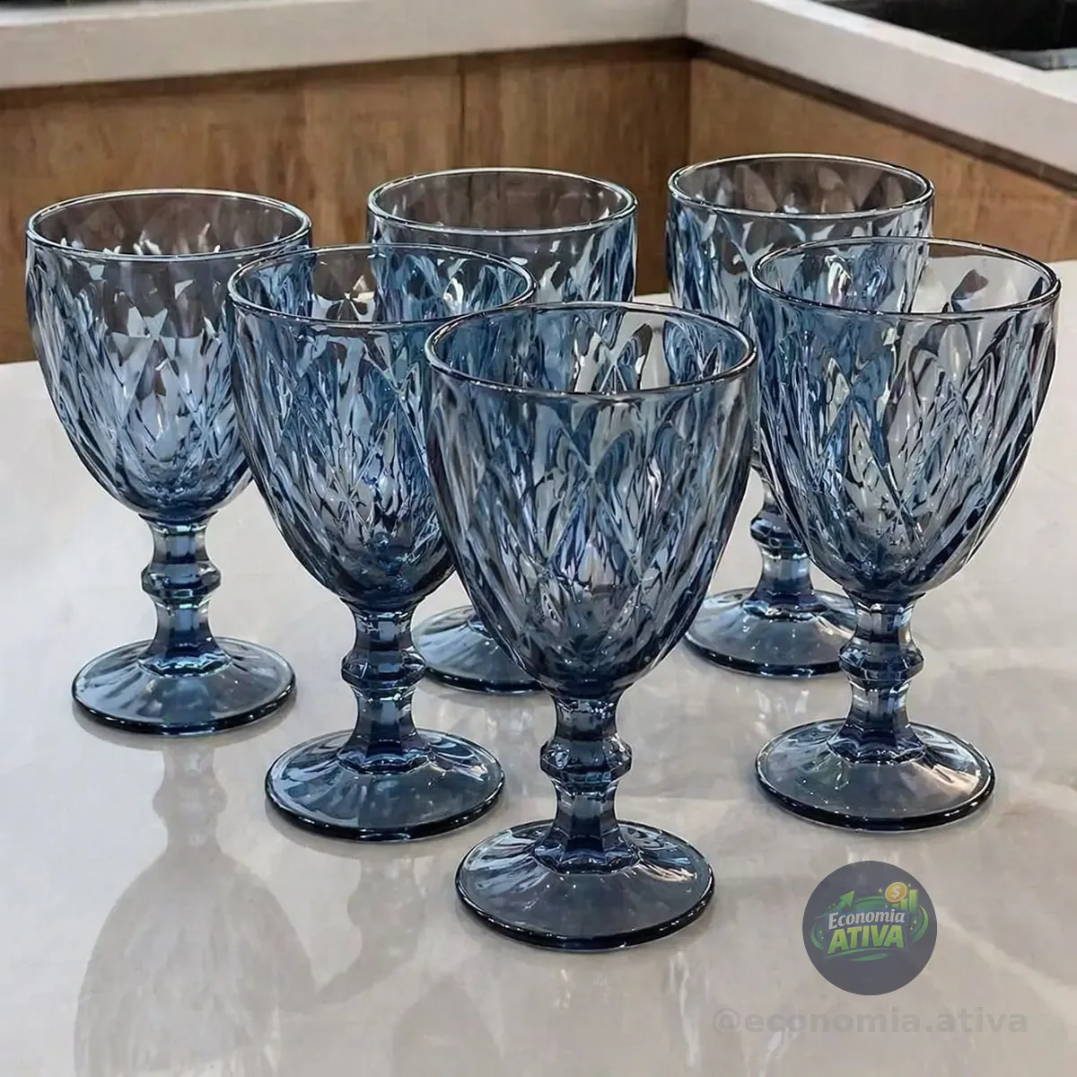 Jogo 6 Taças Diamond Azul Vidro 330ml Para Água/vinho/suco