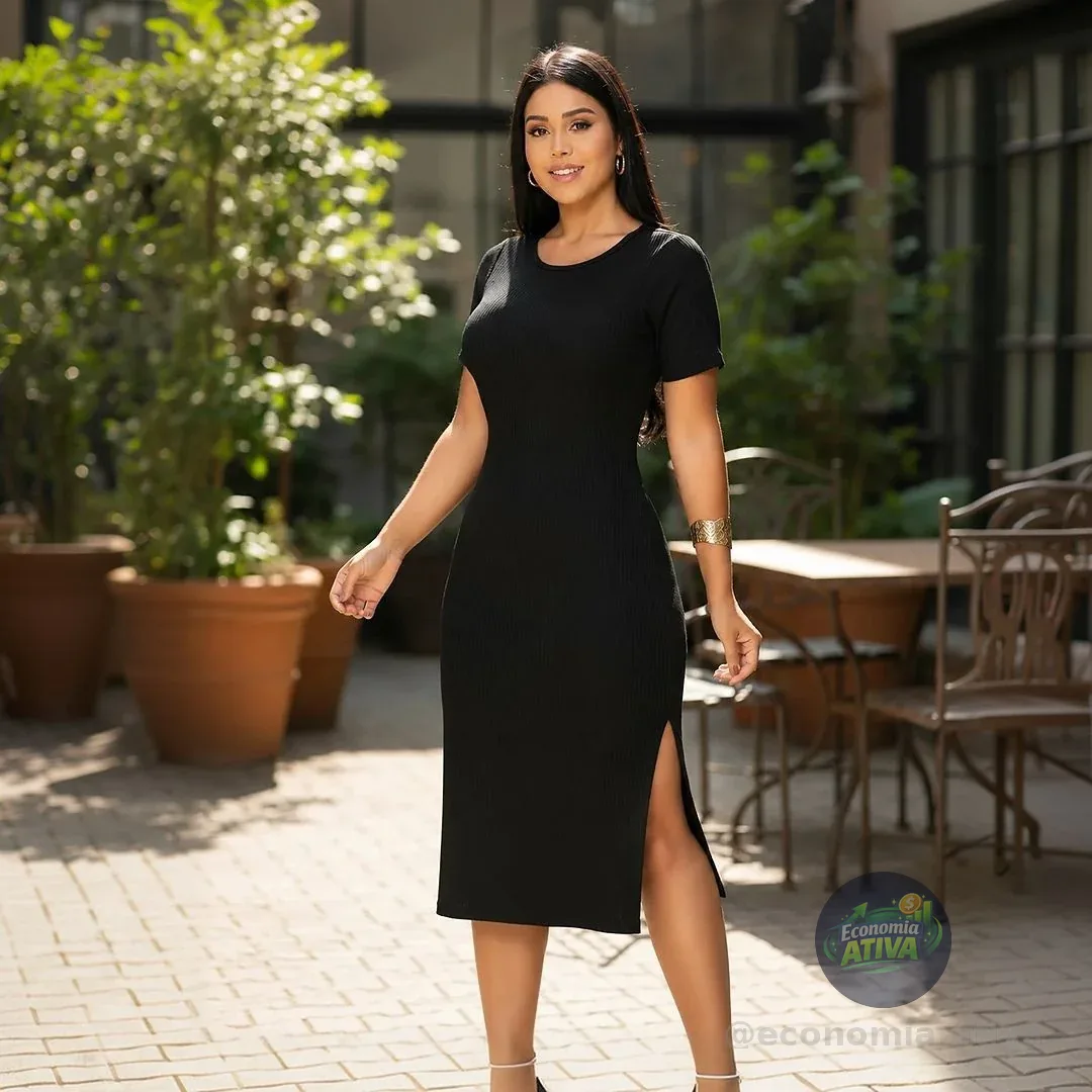 Vestido Canelado Midi C/ Manga E Fenda Lateral Casual Básico