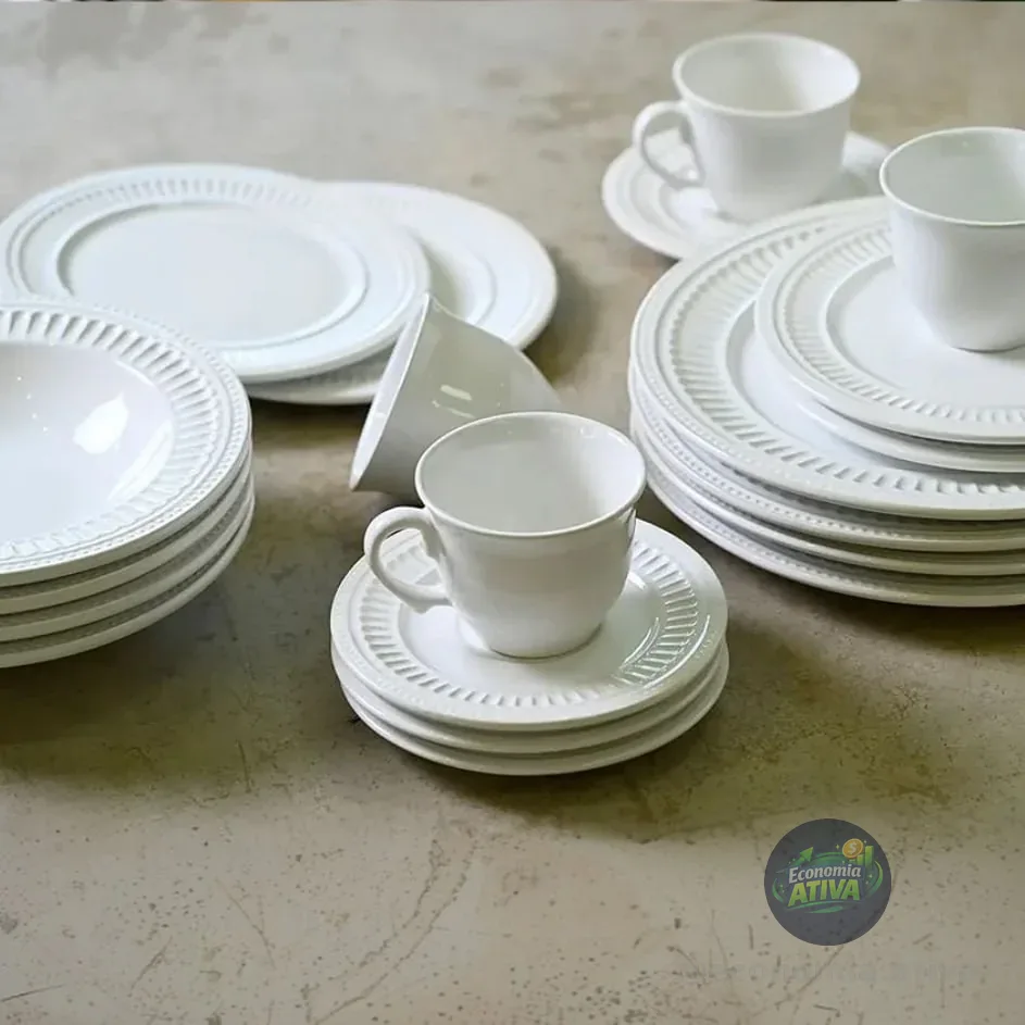 Aparelho De Jantar 20 Peças Branco Poppy De Cerâmica - Scalla Cerâmica Geométrico