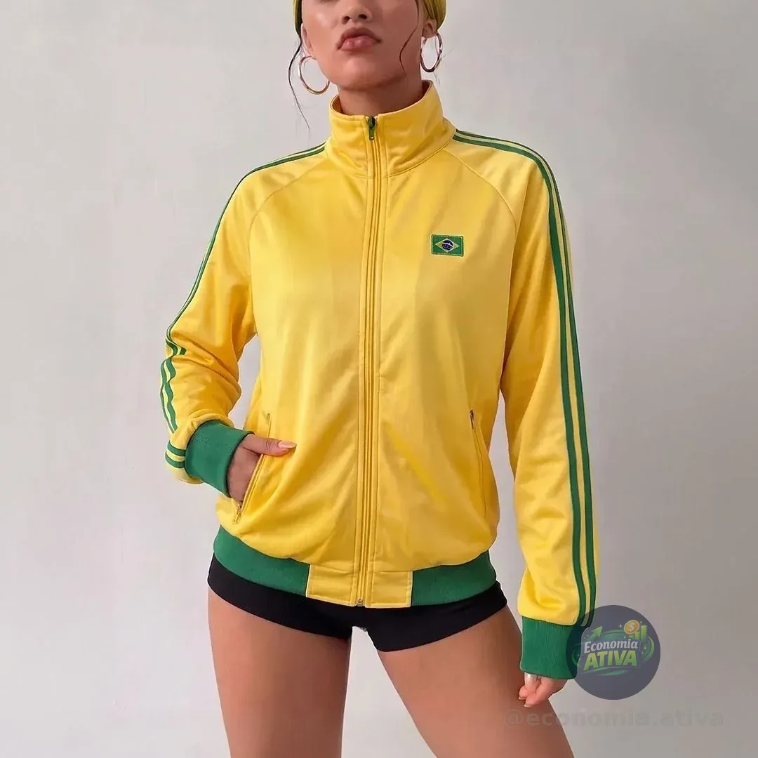 Jaqueta Feminina Brasil Gola Alta Zíper Moda Copa Do Mundo Amarelo G