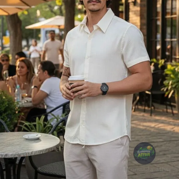 Camisa De Linho Masculina Manga Curta Para Verão Moda Praia
