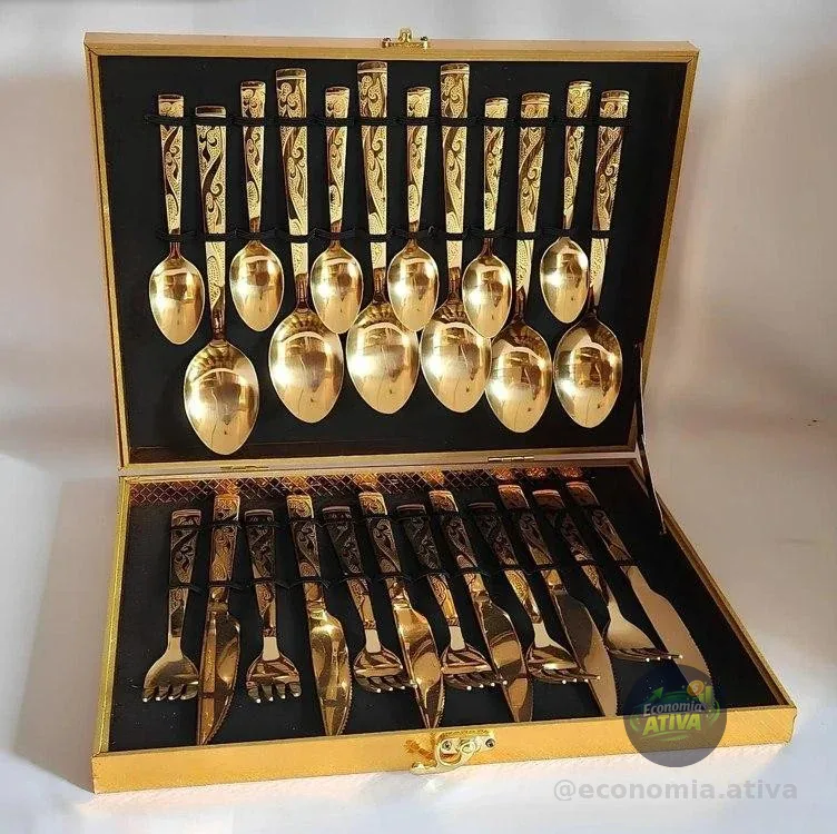 Faqueiro Dourado Kit 24 Pcs Luxo Com Maleta Premium  Complet Dourado