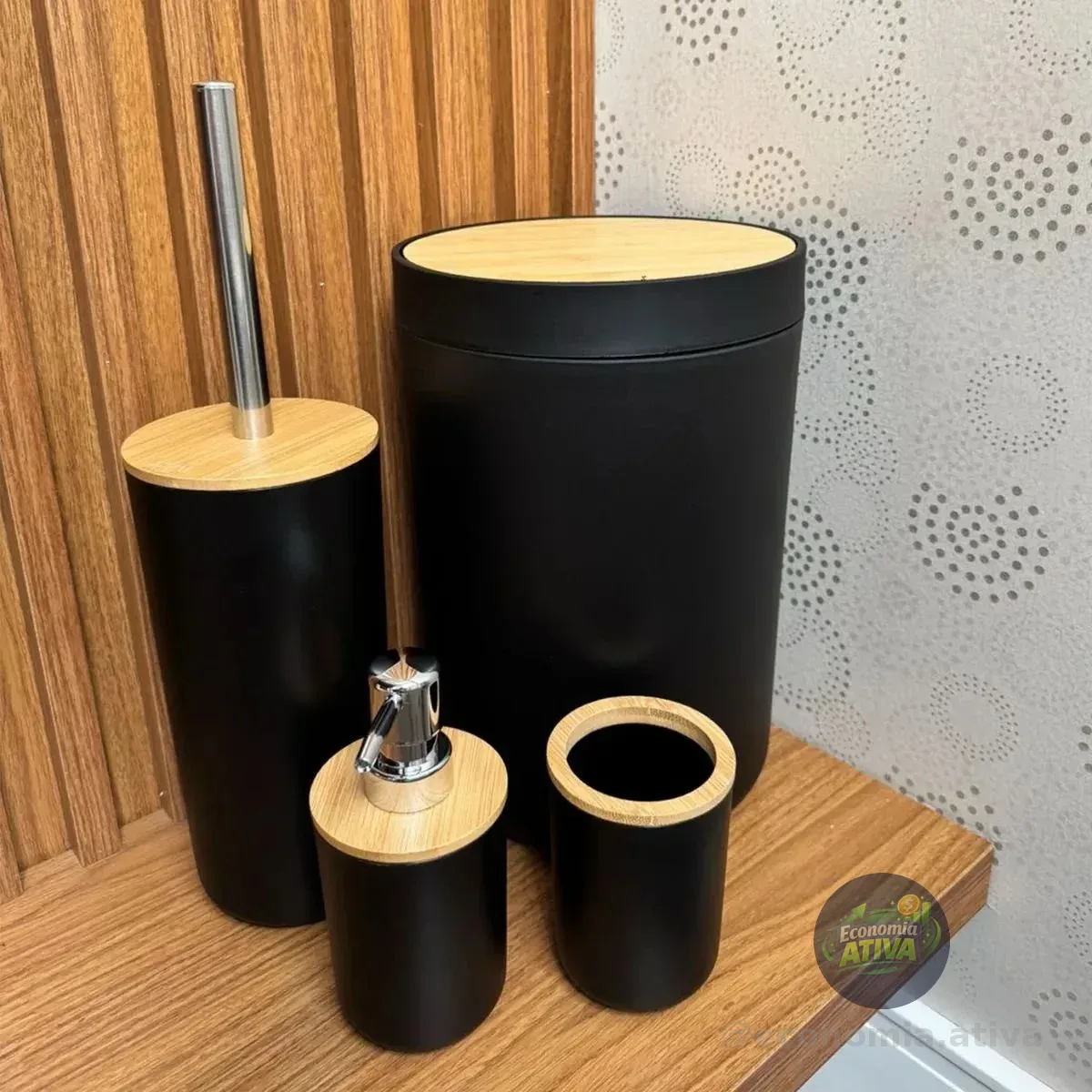 Kit Banheiro Completo Lixeira Porta Escova Sabonete Bambu Preto