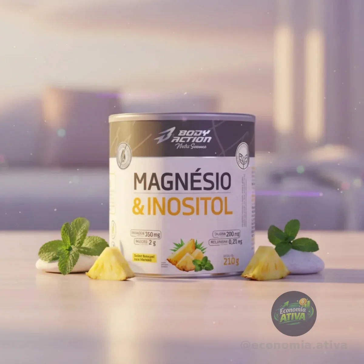 Magnésio E Inositol Taurina Melatonina 210g Bodyaction Sabor Abacaxi C/ Hortelã