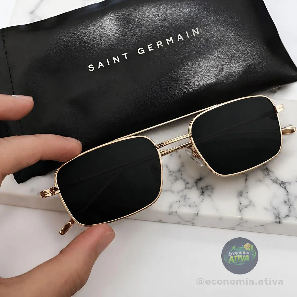 Óculos De Sol Uv400 Saint Germain Smith Black Gold Quadrado Dourado Preto