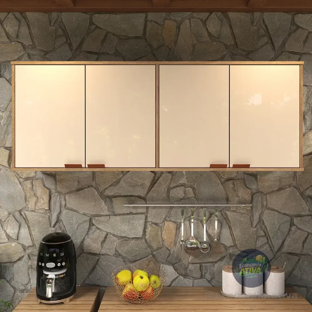 Armário Aéreo De Cozinha Off White Suspenso Design Compacto Com 4 Portas Estilo Moderno