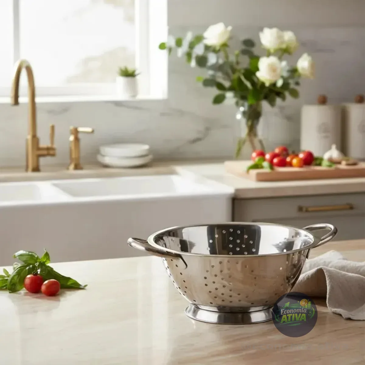 Escorredor De Massa Macarrão Legumes Inox Com Cabo Alça 24cm Prata
