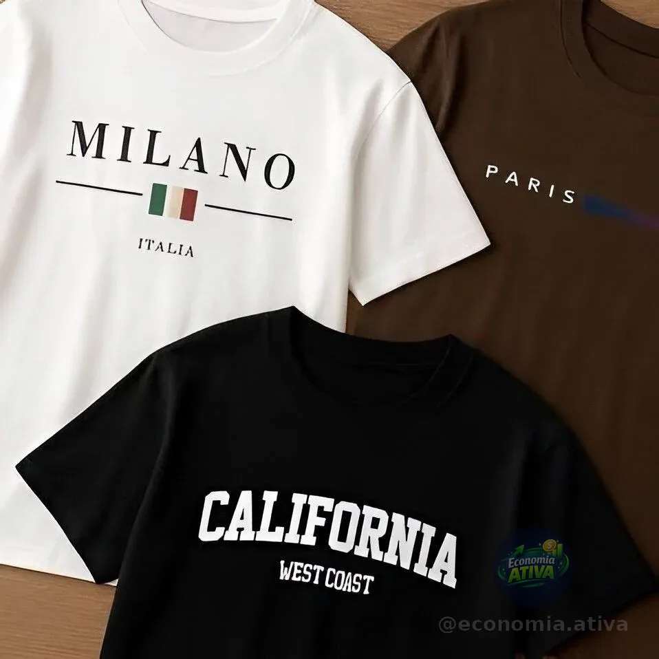 Kit 3 Camisetas Masculina 100% Algodão Premium Verão Casual Preto -marrom-branco G Estampa Localizada