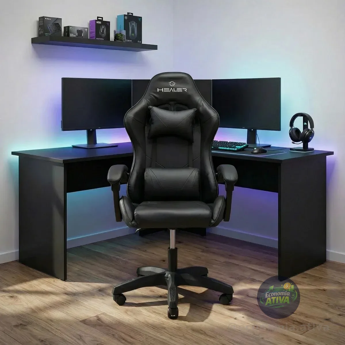 Cadeira Gamer Preta Healer Wells Reclinável Giratória Preto Couro Sintético