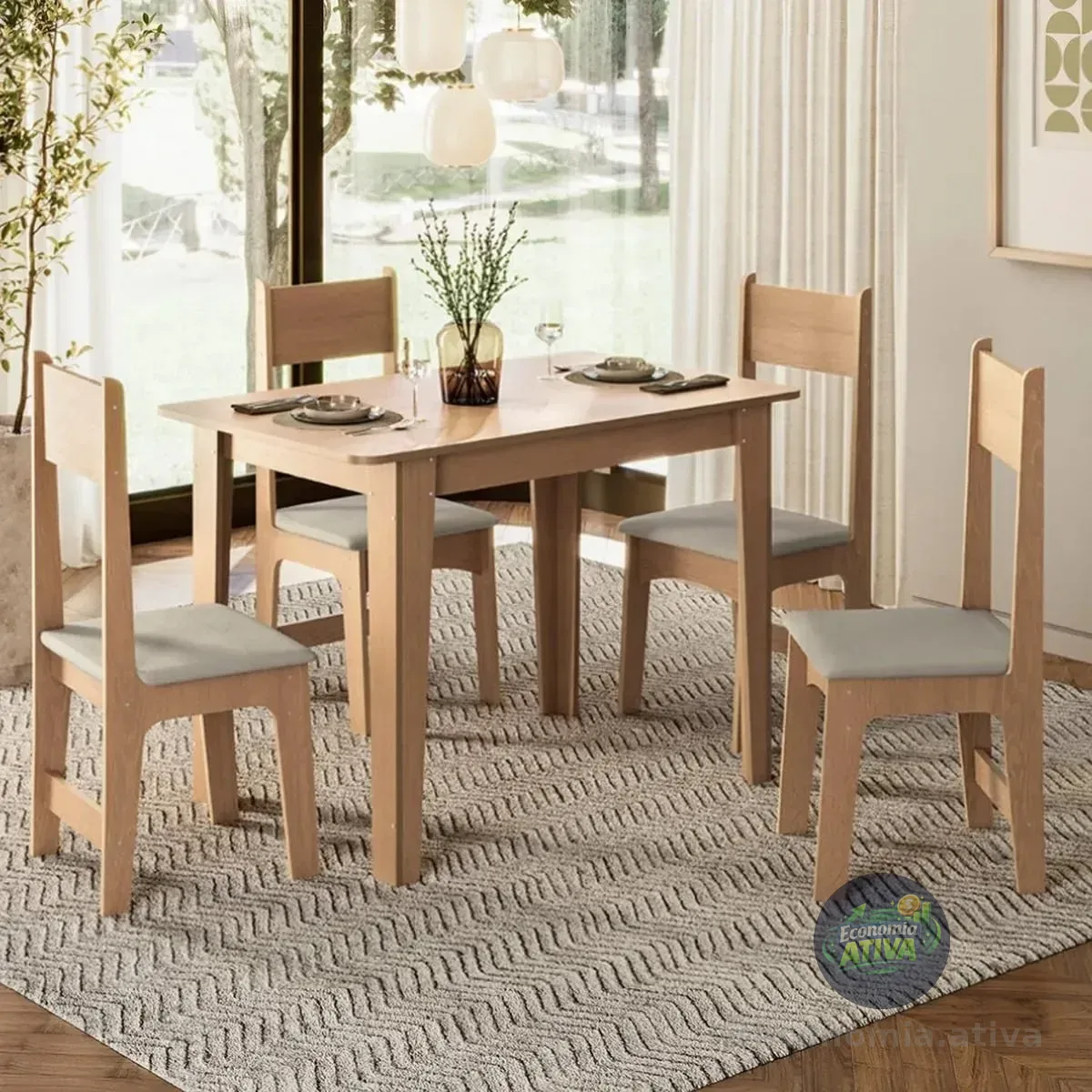 Conjunto De Jantar 4 Lugares Com Mesa Retangular Tampo Mdf Mel/bege