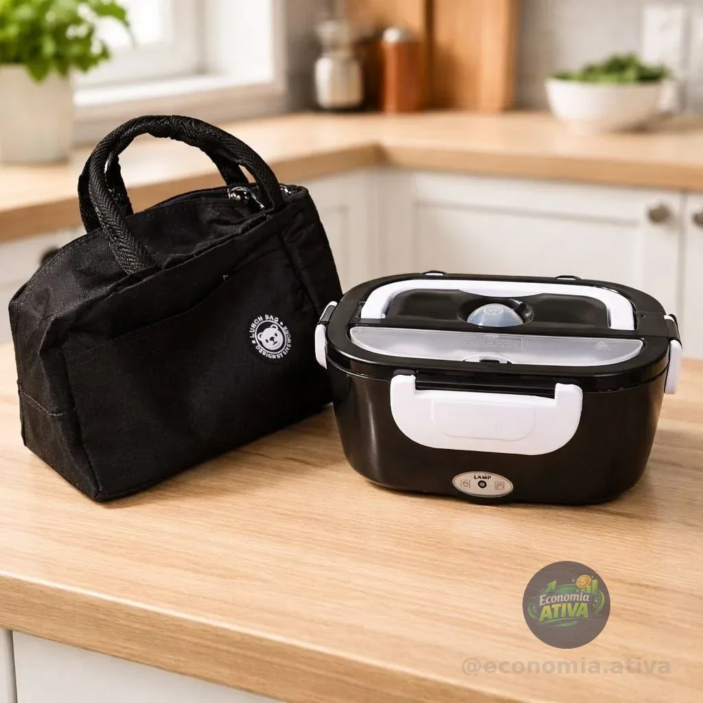 Marmita Elétrica Térmica Preta Bivolt 110v/220v E Veicular 12v/24v + Bolsa Térmica Lancheira Doméstica Trabalho 1.5l Carro/casa Portátil Aquecedor De Alimentos Uber Carro Caminhão Preto 127/220v
