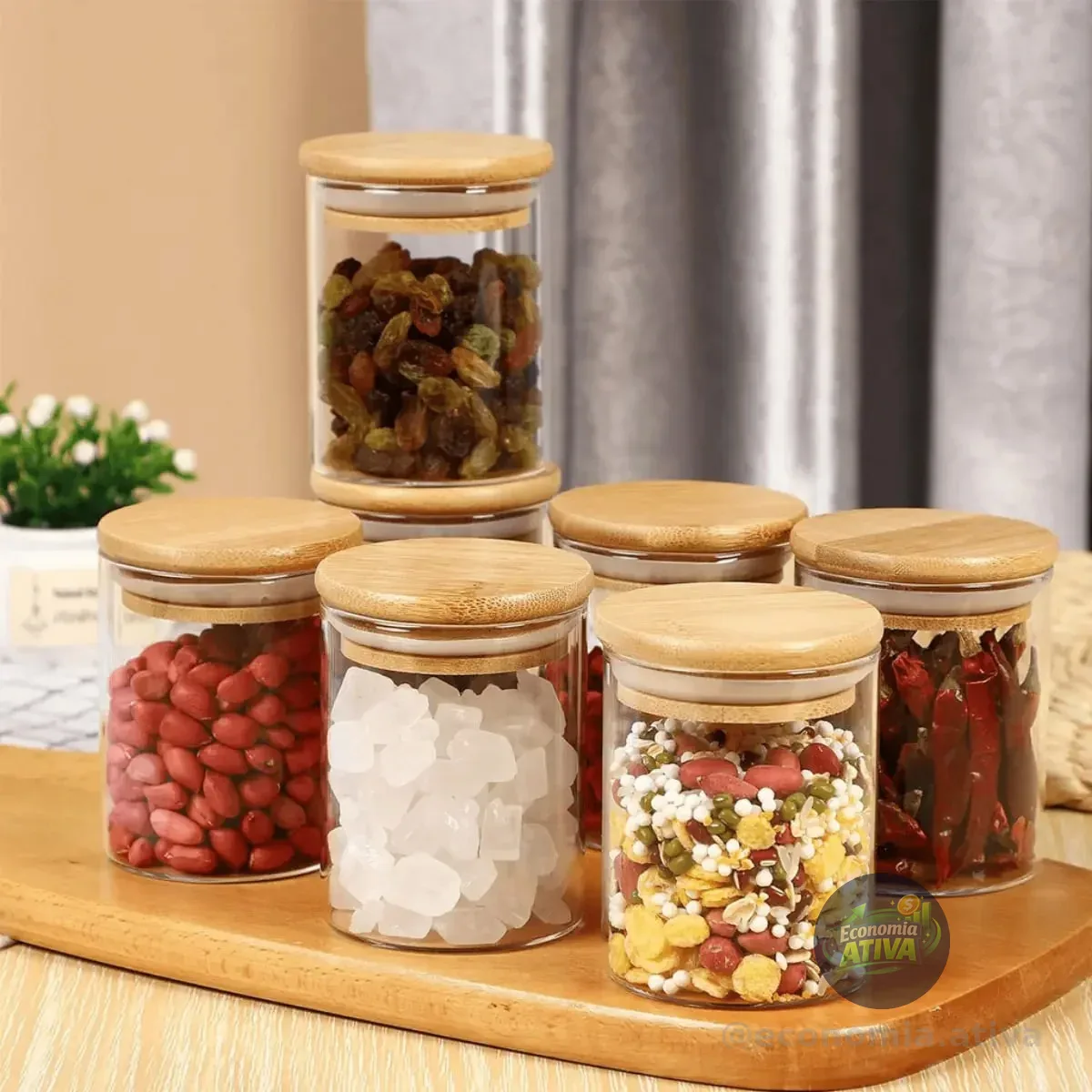 Kit 6 Pote Vidro Porta Temperos Hermético Cozinha Organiza Vidro/tampa De Bambu