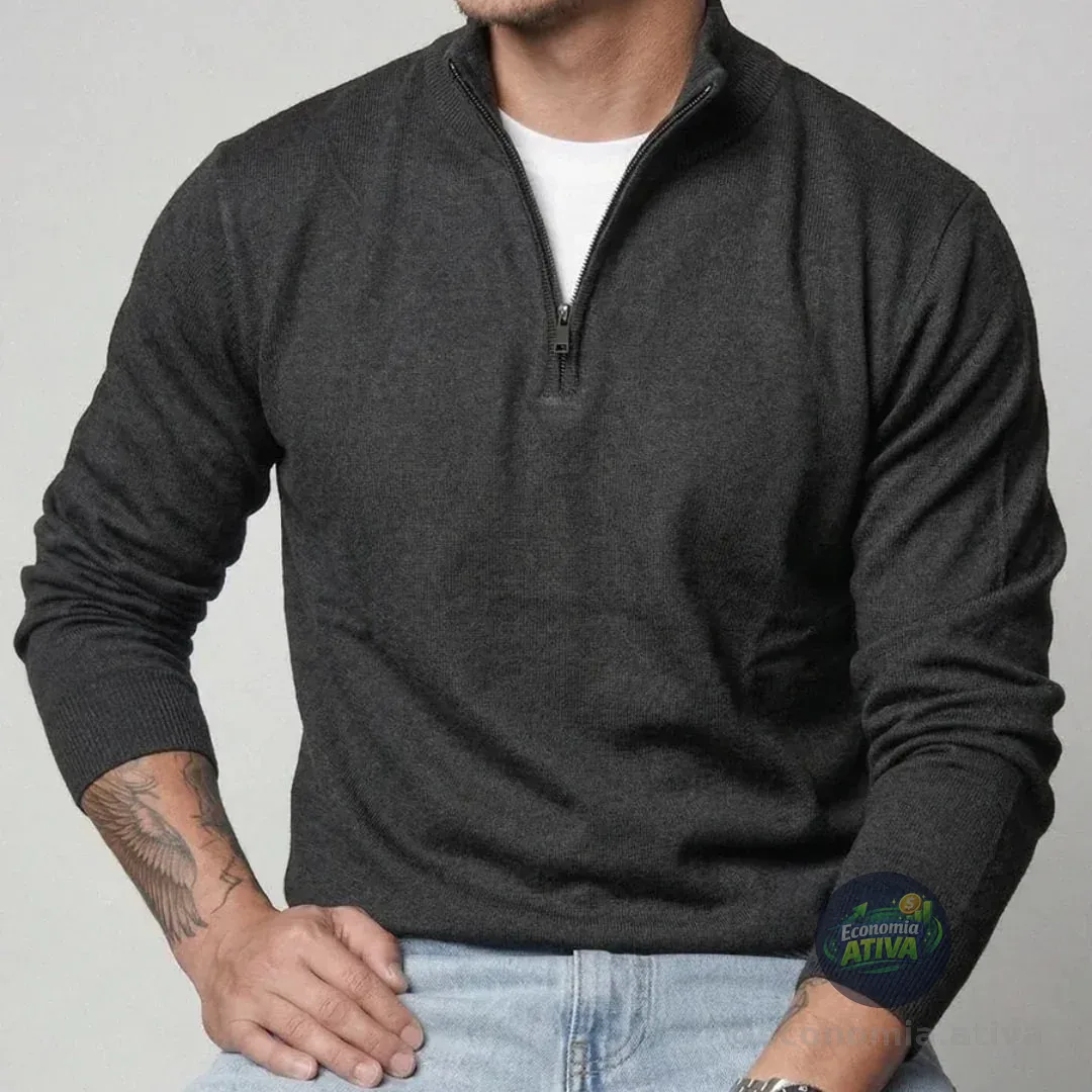 Suéter Masculino Zíper Elegante Gola Alta Inverno Old Money