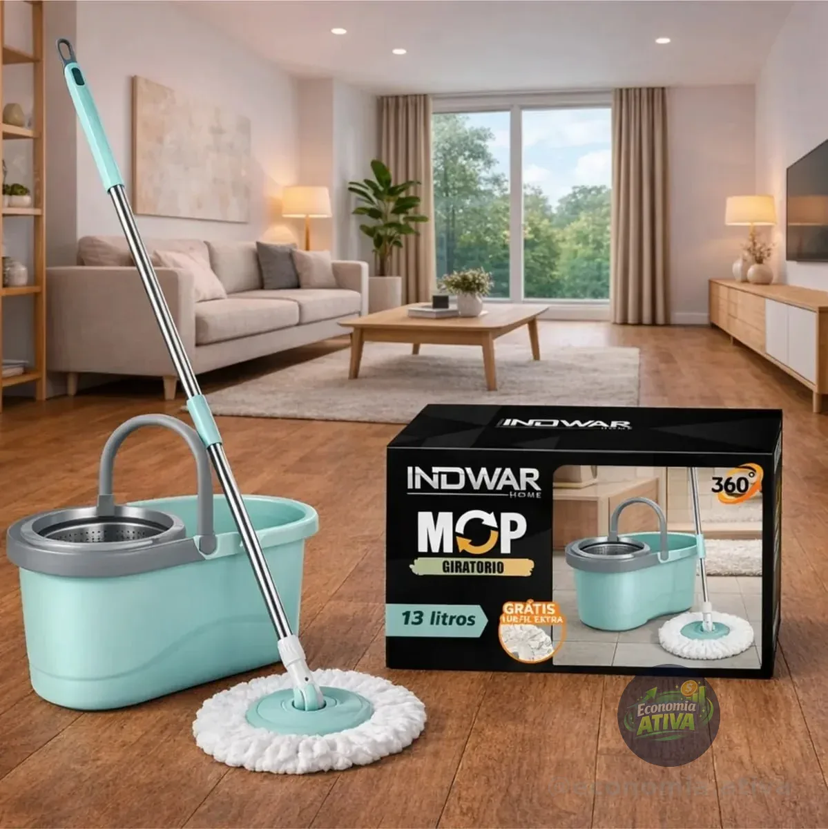 Mop Giratório Cesto Inox Com Refil Balde 13l Esfregão Cabo 130cm Rodinhas Fácil Limpeza Eficiente Uso Longo Sem Esforço... Verde