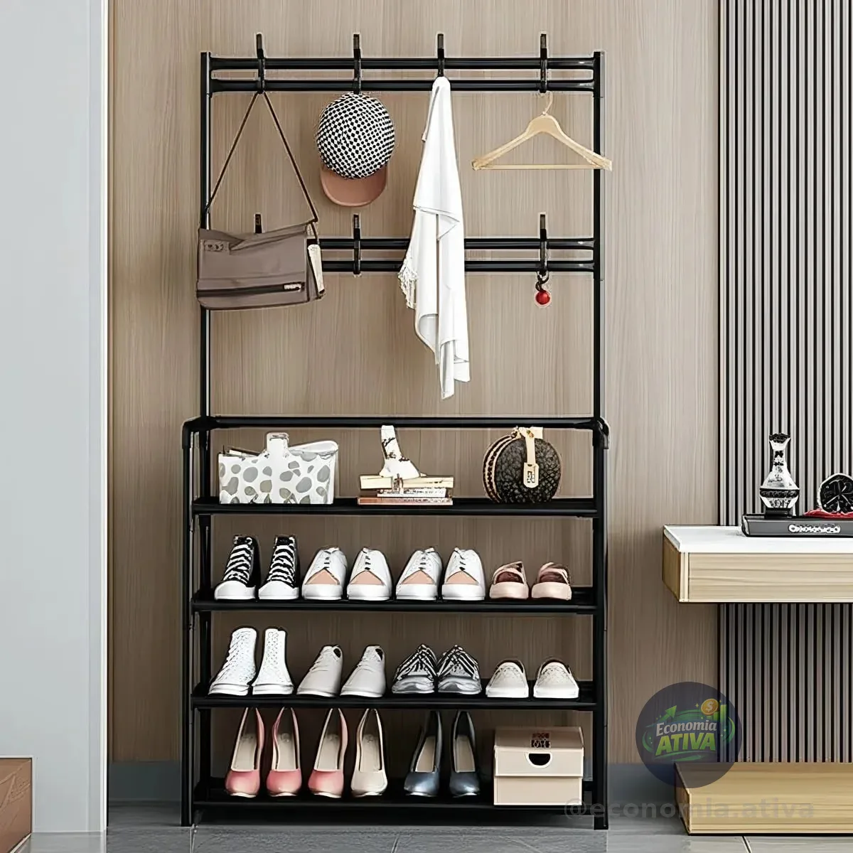 Sapateira Organizador Porta Sapatos 12 Pares Hw Com 8 Ganchos Cor Preto