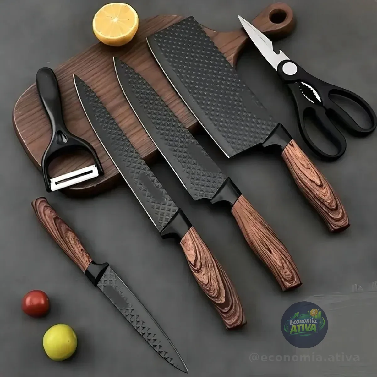 Kit Jogo De Facas Inox Corte Afiado Antiaderente Presente Cor Marrom-escuro