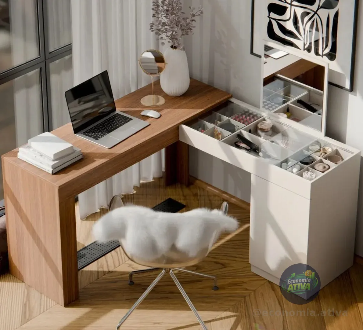 Penteadeira Escrivaninha De Canto Star Com Espelho Freijó/off White Mesa Multifuncional Para Quarto E Escritório Moderna Elegante