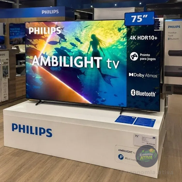 PHILIPS, Smart TV Ambilight 75" 4K, 75PUG8100/78, Comando de Voz, HDR10+/Dolby Atmos, VRR/ALLM, Bluetooth