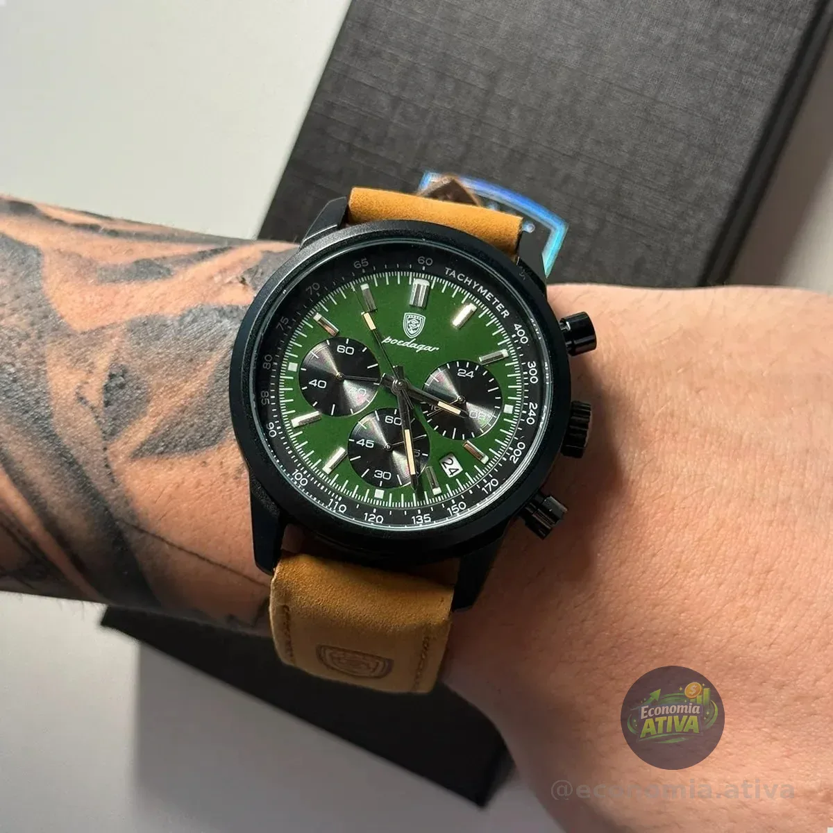 Relógio Luxo Poedagar Masculino Pulseira Em Couro Funcional