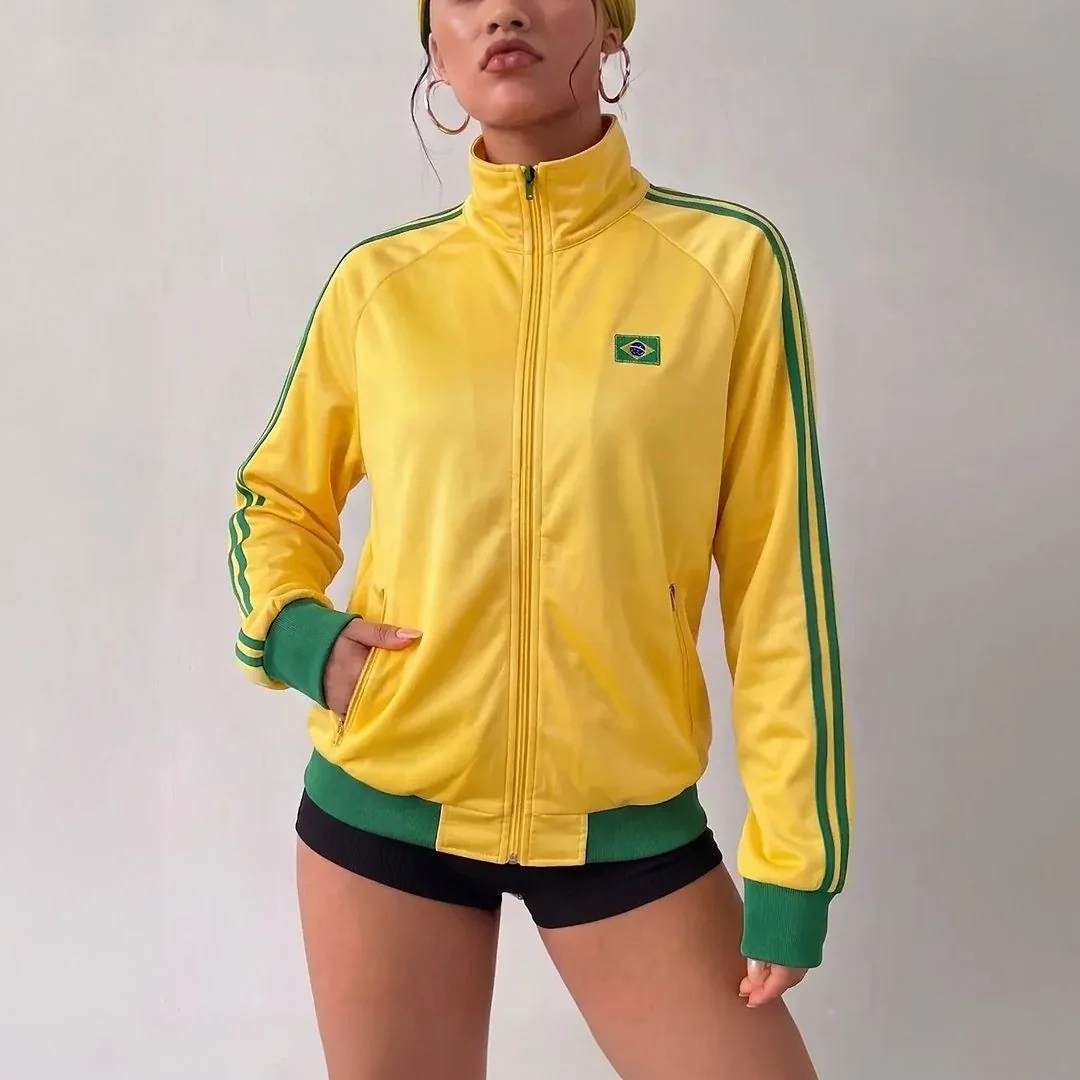 Jaqueta Feminina Brasil Gola Alta Zíper Moda Copa Do Mundo Amarelo G