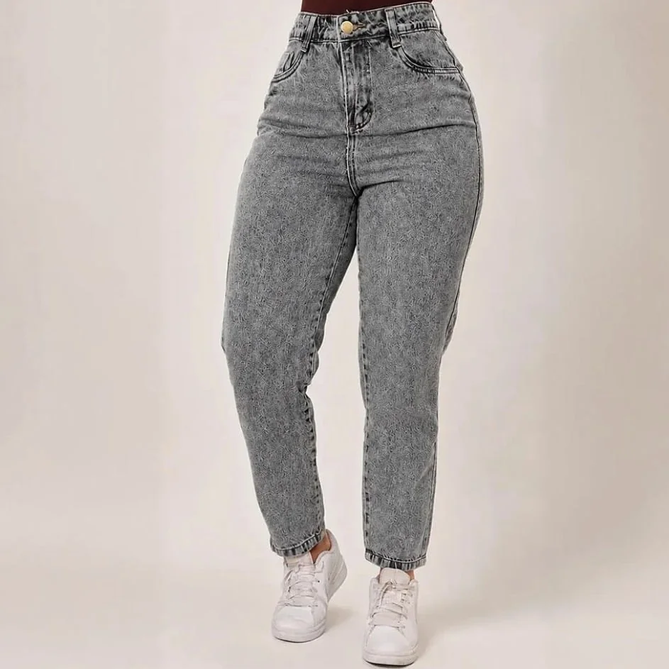 Calça Jeans Wide Leg Feminina Cintura Alta Pantalona Jeans Marmorizado Liso 44