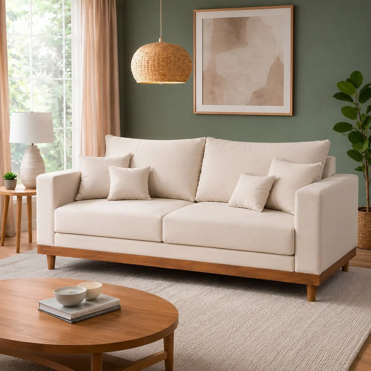Sofá Living 3 Lugares Suede Resistente Madeira + Almofadas